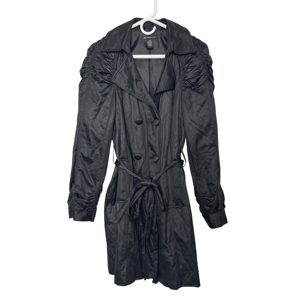INC Trench Coat L Goth Black Metallic Ruched Double Breasted emo dark academia